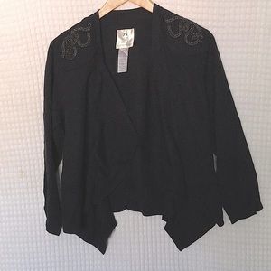 New navy blue symmetry flowing open front jacket with silver metallic embodies